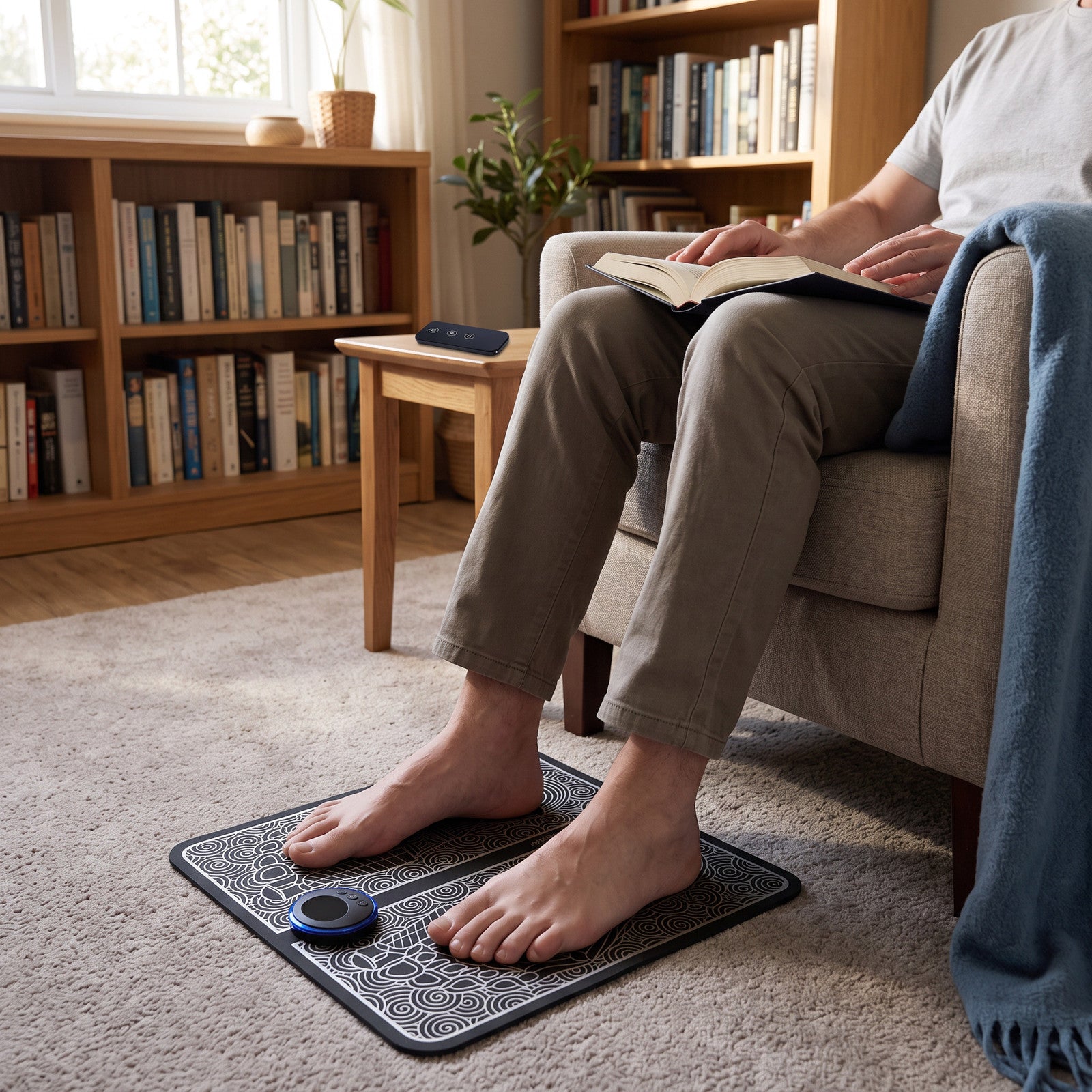 Reading-chair foot break with a book and bare feet on mat