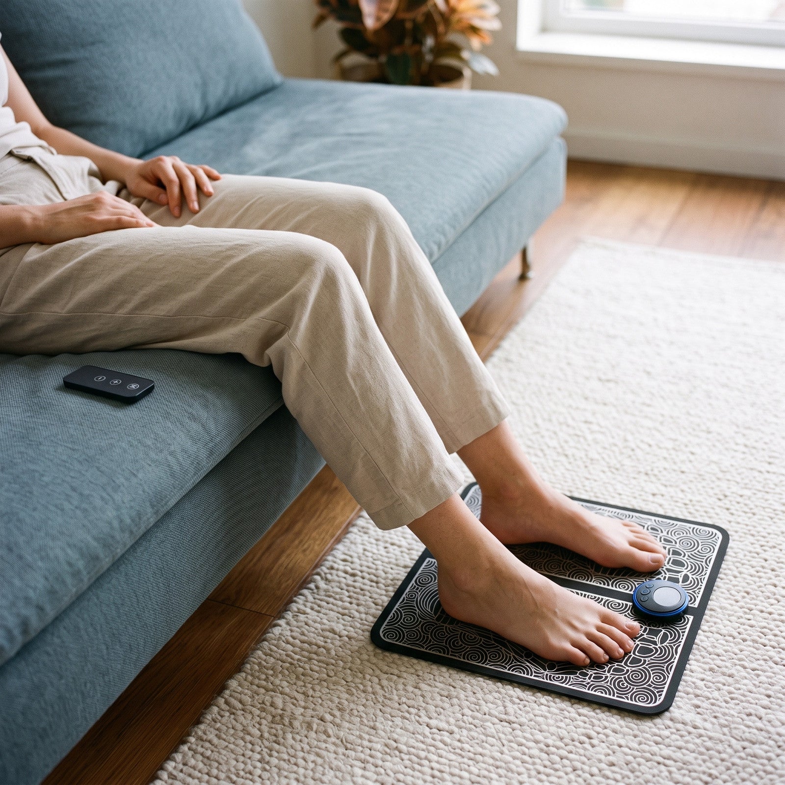 Seated sofa foot break with both bare feet on FootPause