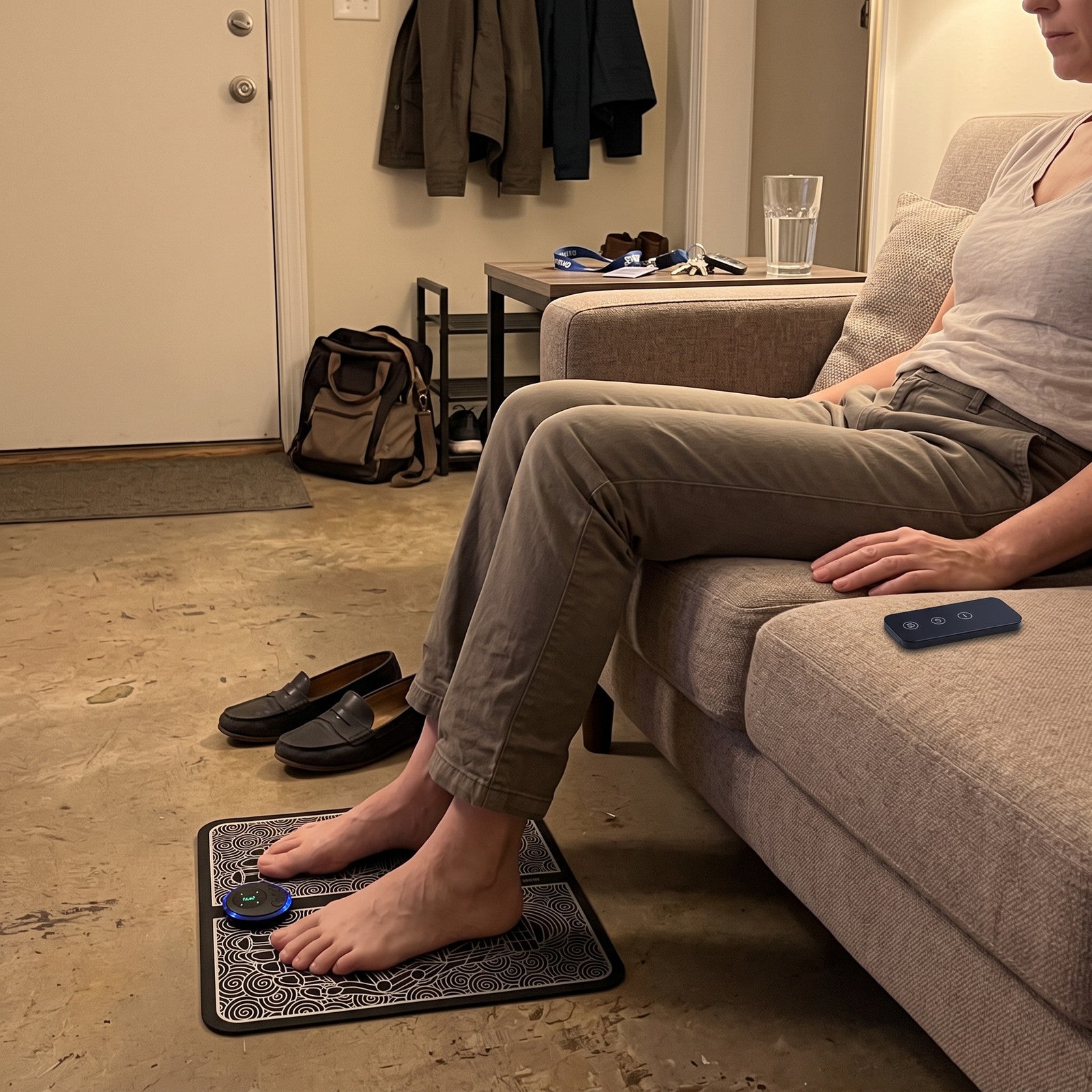 After-work FootPause foot break at an entry sofa