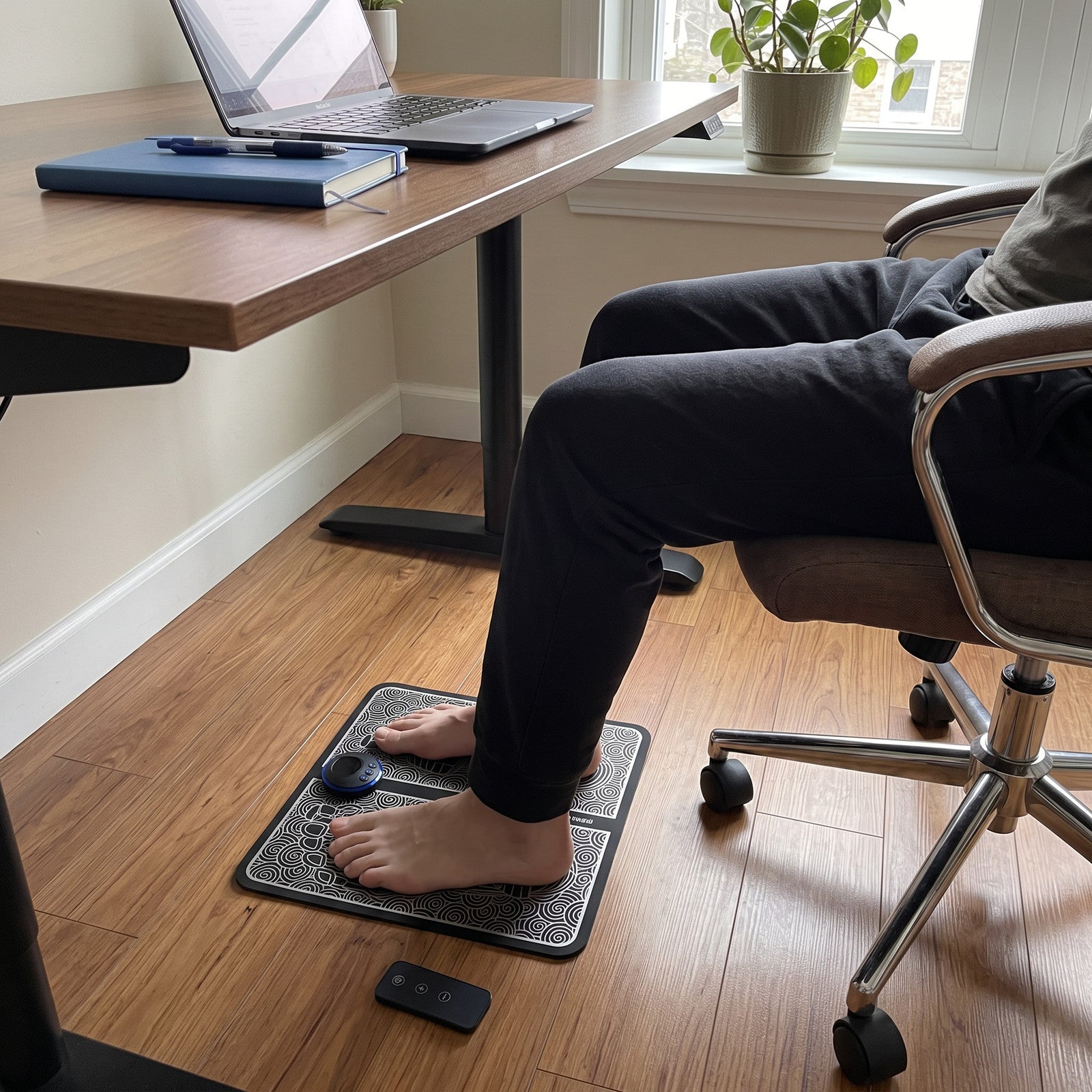 FootPause below bare feet at a home office