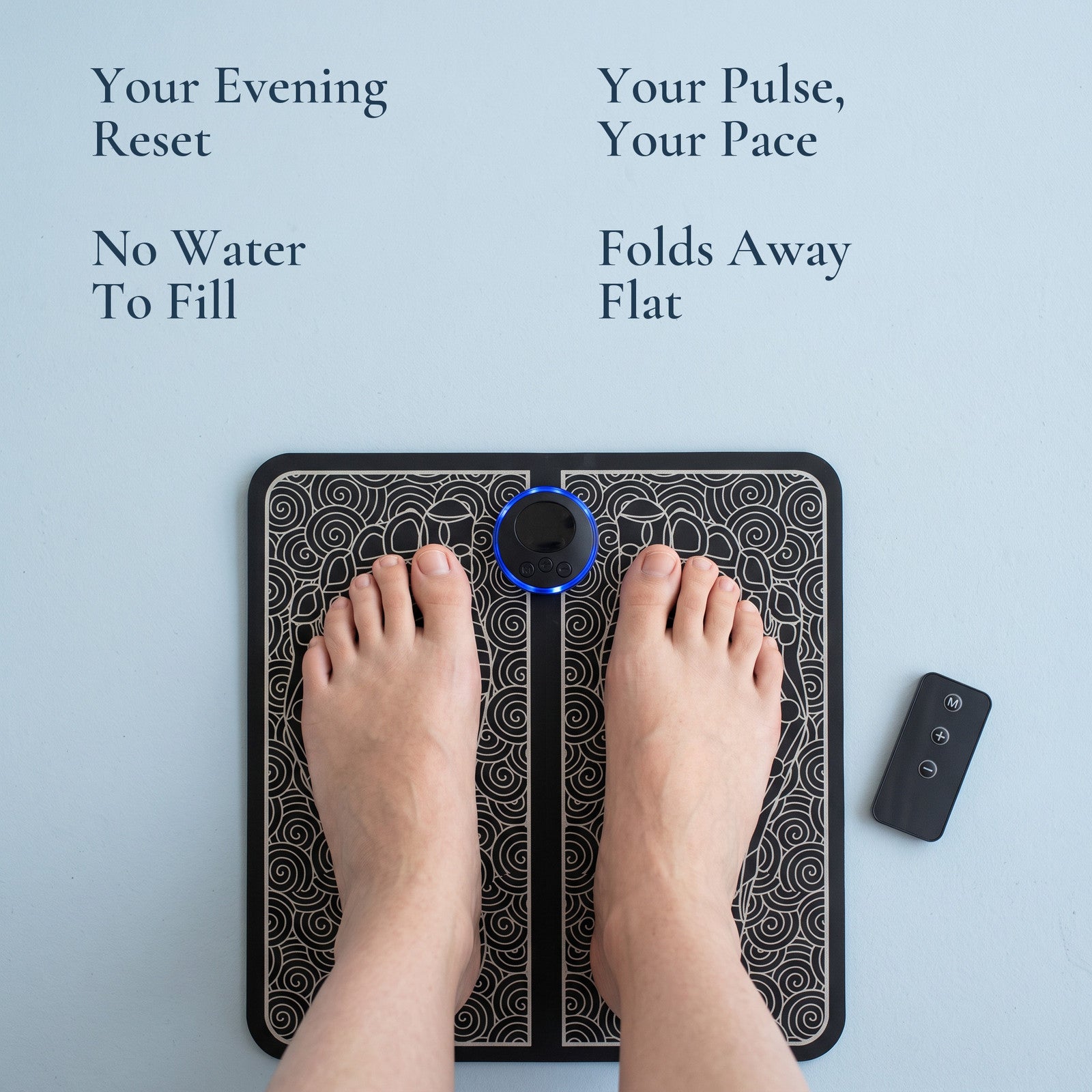 Four FootPause benefits with bare feet on mat