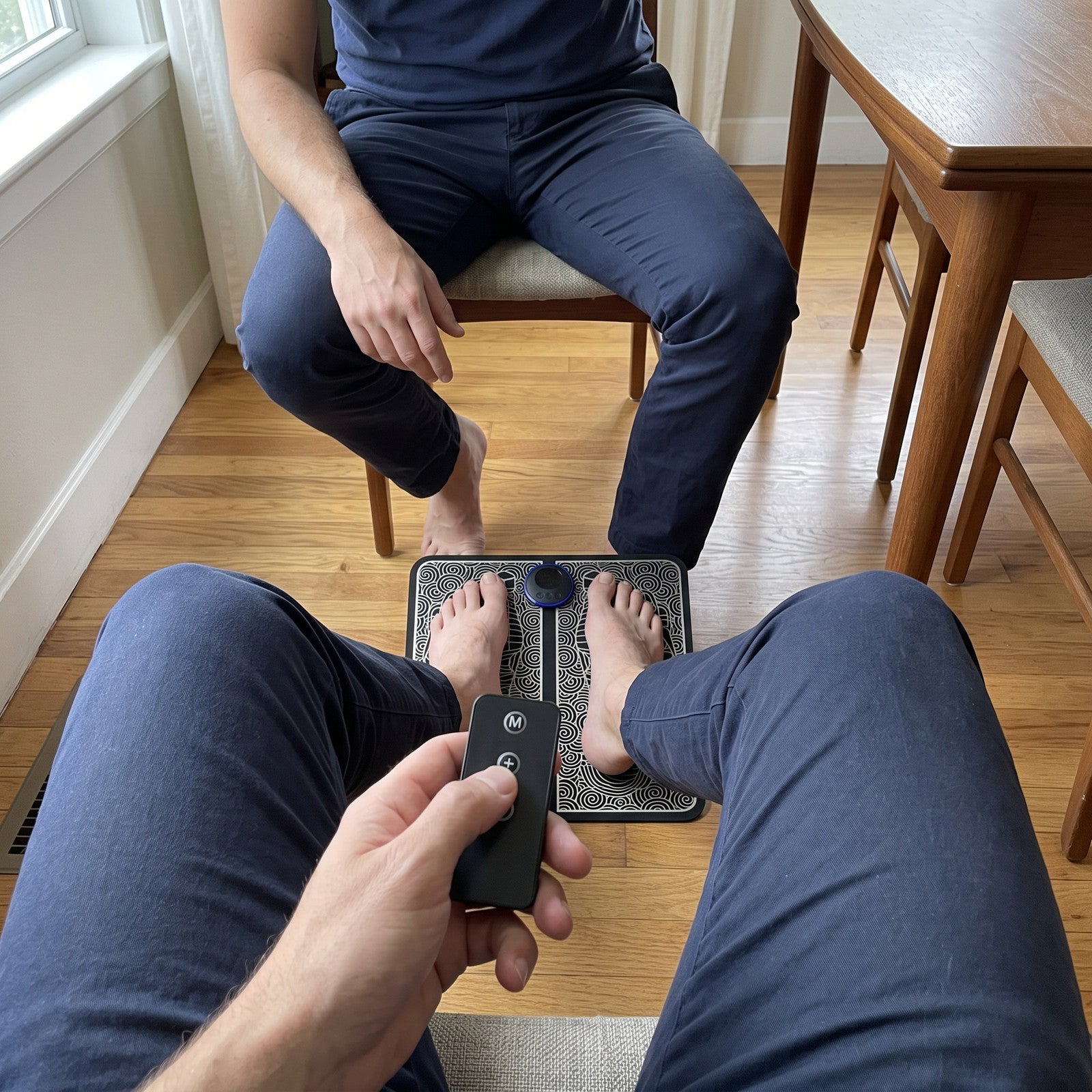 Hand holding the FootPause remote in a kitchen