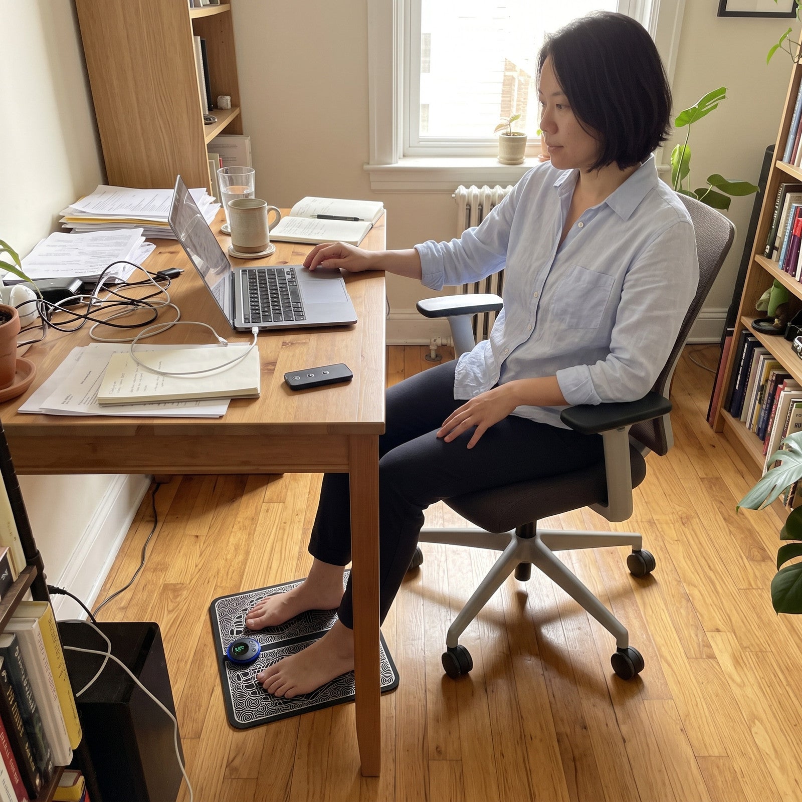 Seated desk foot break with FootPause