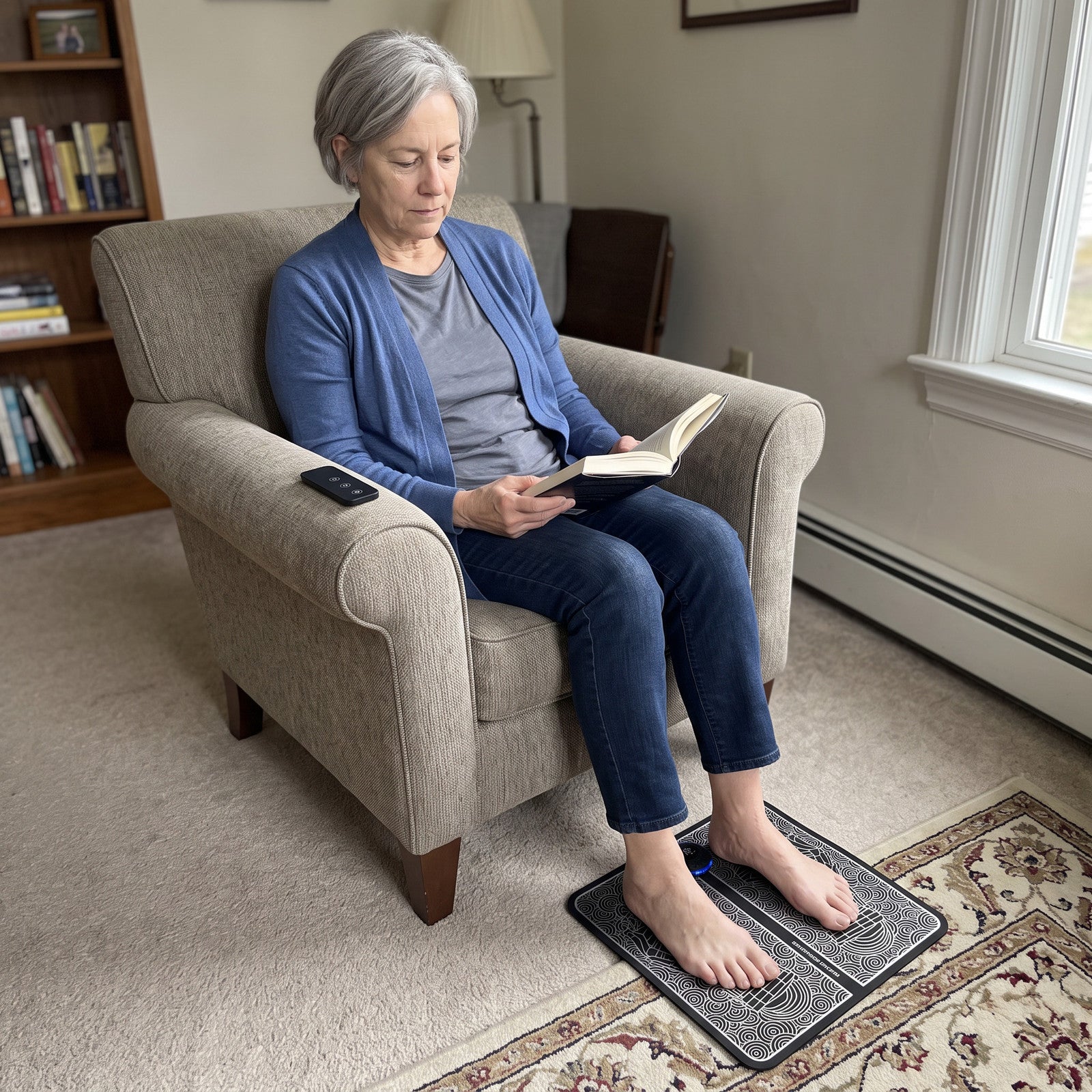 Nina reading-chair owner view of bare feet on FootPause