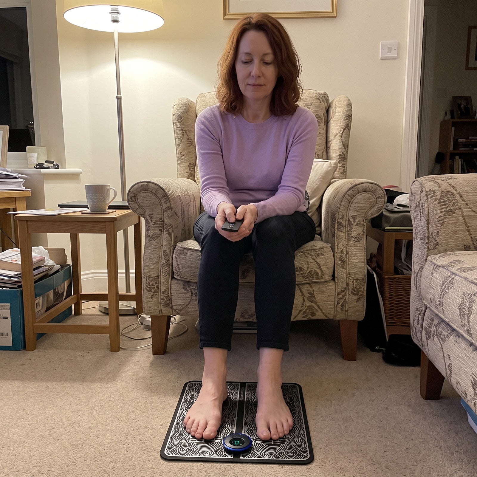Chloe seated selfie with FootPause below her bare feet