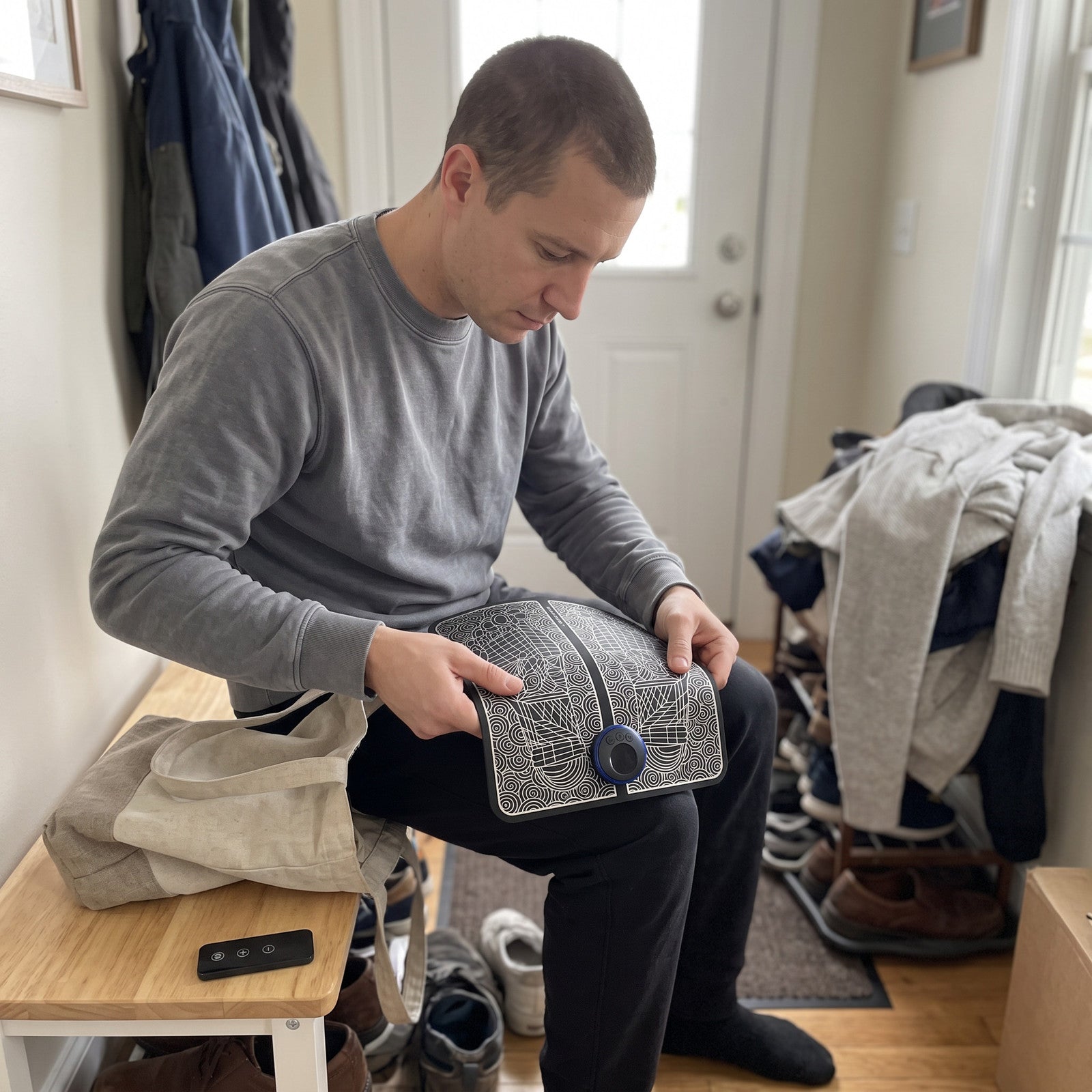 Sam folds FootPause into a tote for storage