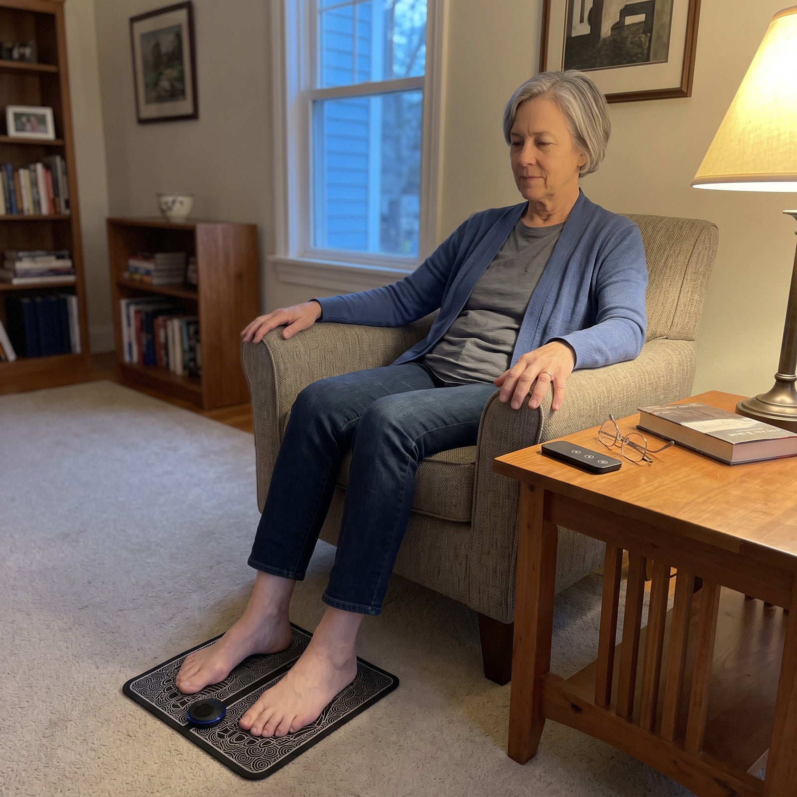 Nina enjoys a quiet reading-chair foot break