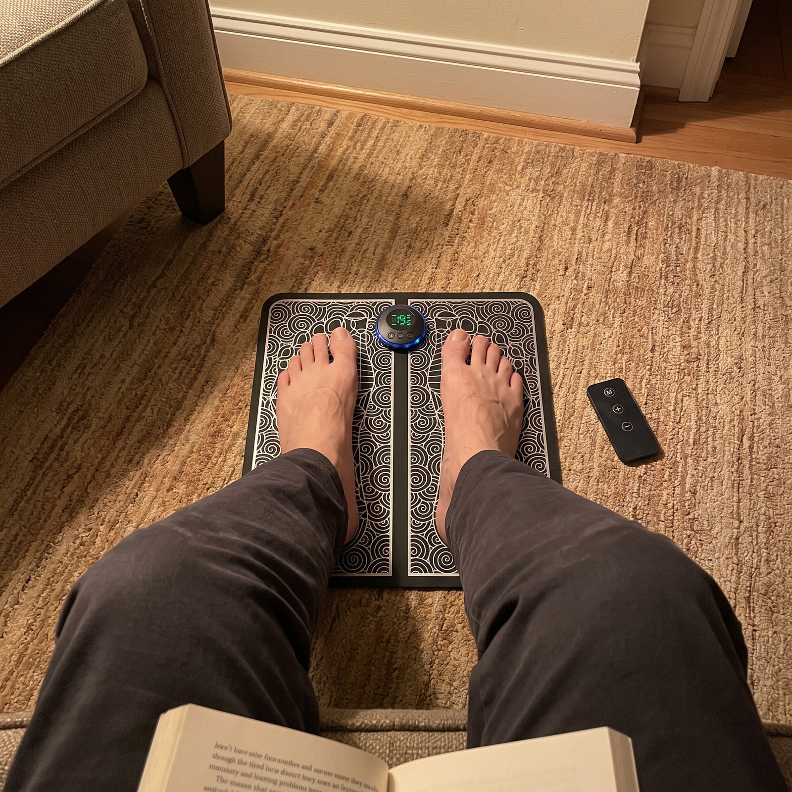 Daniel evening chair owner view of bare feet on the mat