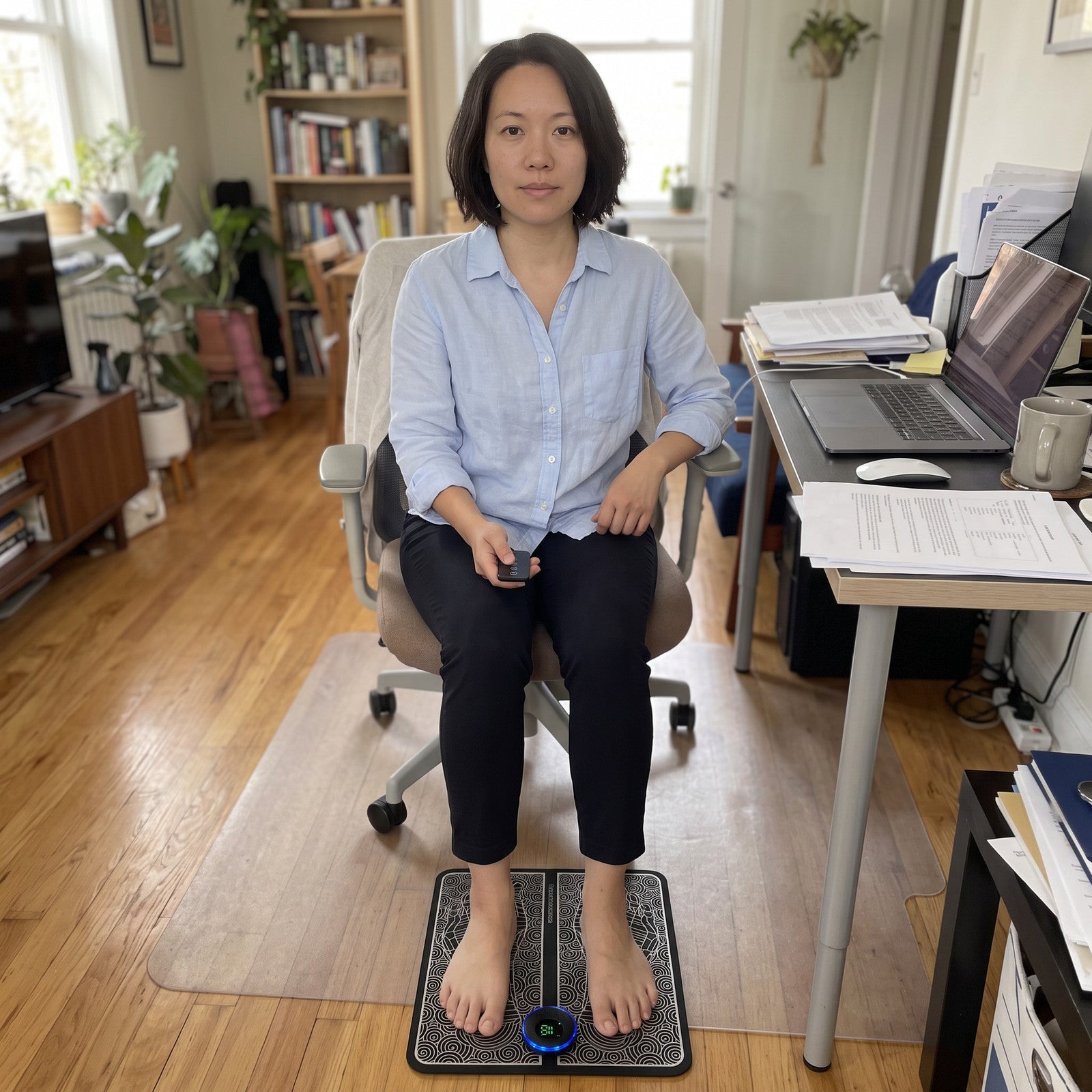 Sophie seated at her desk using the mat